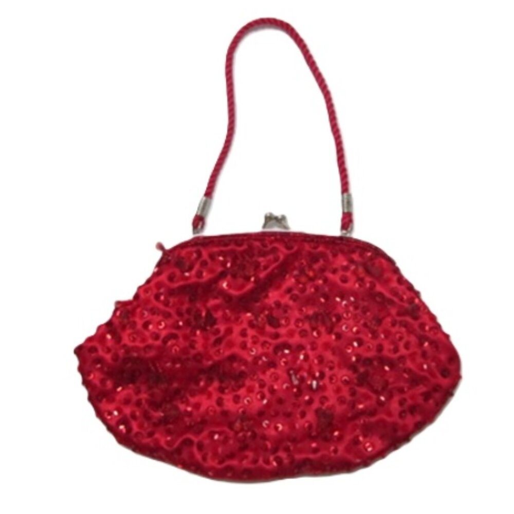 Red Beaded Evening Bag Clucth with handle - Picture 7 of 7